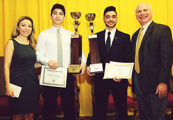 (From left to right) Ruby Baghdassarian, Oratorical Committee Chair, Armond Mnatsakanyan, Ferrahian High School Winner, Ari Ekmekjian, Manoukian High School Winner, Vahe Hacopian, AEF President