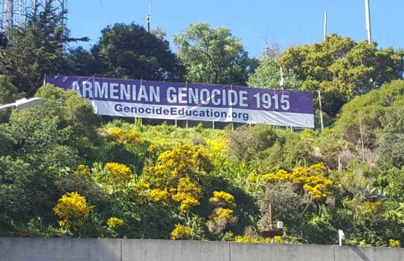 A large, commemorative banner was unfurled Monday over the Treasure Island Tunnel, westbound Interstate 80, on the San Francisco Bay Bridge. (Photo: SF Gate)