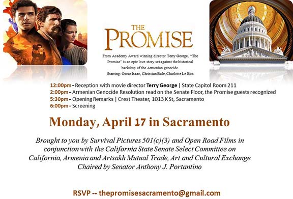 The Promise will be screened in Sacramento as part of the special Capitol commemorations of the Armenian Genocide on April 17, 2017.