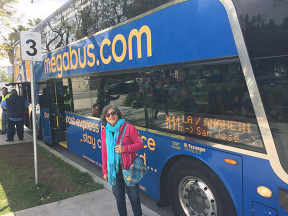 Catherine about to board the Megabus to San Francisco