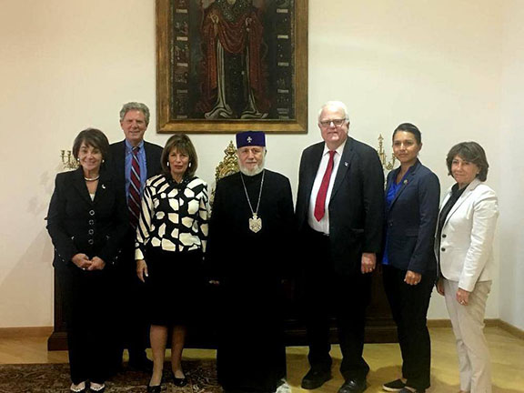 Congresswoman Tulsi Gabbard, along with other members of the congressional delegation, met with Supreme Patriarch and Catholicos of All Armenians in the Mother See of Holy Etchmiadzin, His Holiness Karekin II to discuss the diplomatic resolution of the Nagorno-Karabakh region. (Photo:gabbard.house.gov)
