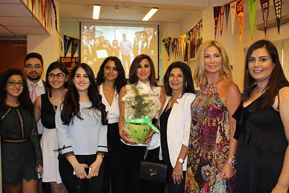 Najwa Karam (center) visits the EducationUSA Center at AMIDEAST and meets with six students, ALAB member Wafa Saab, and Gala co-chair Milia Garabet