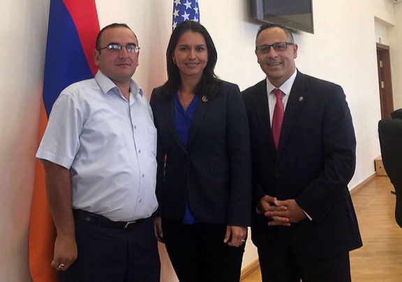 House Foreign Affairs Committee Members Rep Tulsi Gabbard (D-HI) with Artsakh Parliamentarian Lernik Hovhannisyan and ANCA Chairman Raffi Hamparian at the Republic of Artsakh National Assembly.