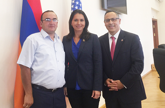 House Foreign Affairs Committee members Rep. Tulsi Gabbard (D-HI) with Artsakh Parliamentarian Lernik Hovhannisyan and ANCA Chairman Raffi Hamparian at the Republic of Artsakh National Assembly.