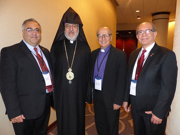 The ANCA’s Aram Hamparian with His Eminence Archbishop Oshagan Choloyan, Prelate of the Prelacy of the Armenian Apostolic Church of Eastern U.S., Rev. Berdj Jambazian, Minister of Union of the Armenian Evangelical Church of North America, and Mr. Zaven Khanjian, Executive Director and CEO of the Armenian Missionary Association of America at the In Defense of Christians 2017 Solidarity Dinner.