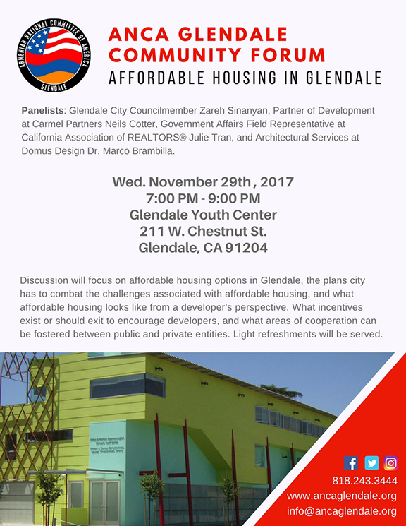 ANCA Glendale to host community forum on affordable housing