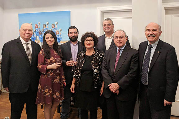 From left to right: Dr. Richard Hovannisian, Asya Darbinyan, Varak Ketsemanian, Dr. Sylvia Kasparian, Ambassador Grigor Hovhannissian, Dr. Rouben Adalian, and SAS President (2017) Prof. Barlow Der Mugrdechian at the Armenian Embassy.
