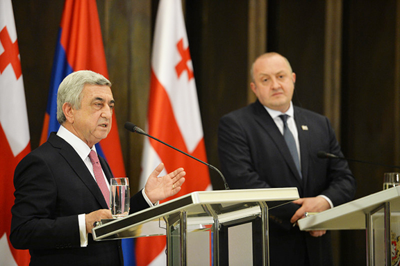 President Serzh Sarkisian and his Georgian counterpart Georgian President Giorgi Margvelashvili during a press conference Tuesday