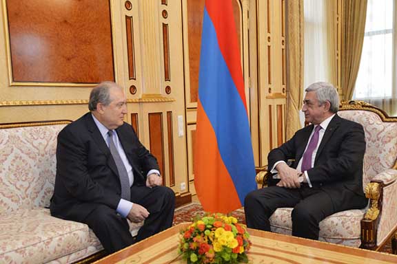 Ambassador Armen Sarkissian (left) meets with President Serzh Sarkisian on Friday after being nominated for president by the ruling Republican Party of Armenia