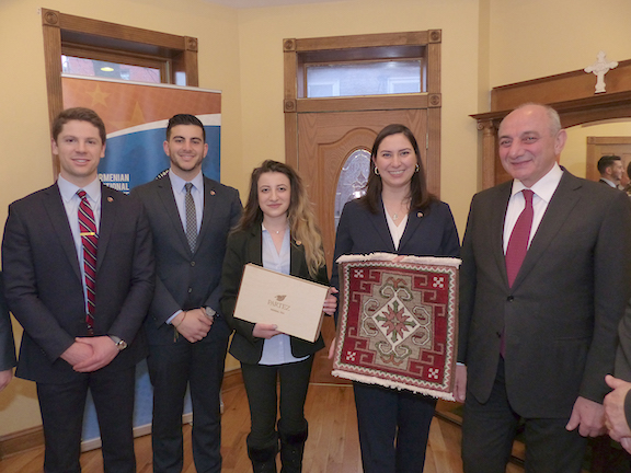 The ANCA was honored to receive an Artsakh rug and Artsakh’s “Partez” teas from President Sahakian and his delegation