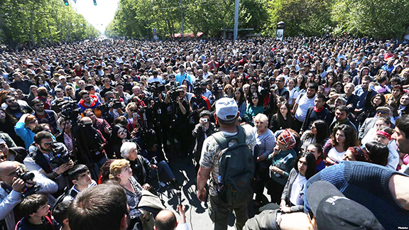 Parliament member Nikol Pashinyan, who is leading the protests against Serzh Sarkisian, addresses the thousands gathered on Monday--the fourth day of protests in Yerevan