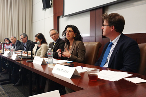 Armenian Legal Center’s Executive Director Kate Nahapetian speaking at UCLA Law panel on genocide accountability.