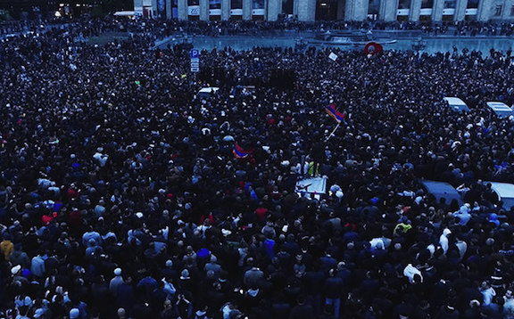 Tens of thousands gather at Republic Square on the 9th day of protests against Serzh Sarkisian's rule (Yerkir Media photo)