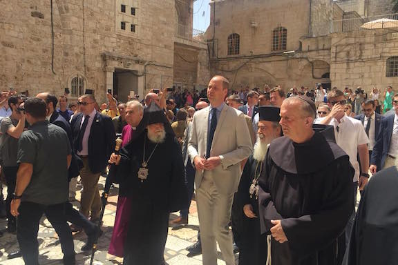 Prince William with the Armenian Patriarch of Jerusalem and other religious leaders.