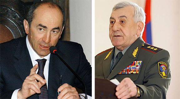 Armenia's former president Robert Kocharian (left) and retired general Mikael Harutiunyan, Kocharian's defense minister, who was charged with breaching the constitution