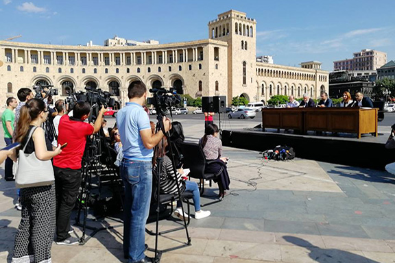 Government officials detail plans for Independence Day celebration during a press conference in Yerevan's Republic Square on Sept. 18