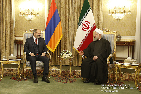 Prime Minister Nikol Pashinyan meets with President Hassan Rouhani of Iran on Feb. 27, 2019