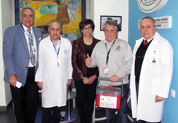 From left: ABMDR Executive Director Dr. Sevak Avagyan, Dr. Andranik Mshetsyan, ABMDR President Dr. Frieda Jordan, the international courier who delivered the harvested stem cells to Barcelona, and ABMDR Medical Director Dr. Mihran Nazaretyan.