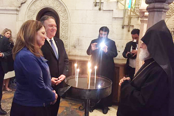 Secretary of State Mike Pompeo (left) speaks with Rev. Samvel Aghoyan, of the Armenian chapel of the Holy Sepulcher Church in Jerusalem