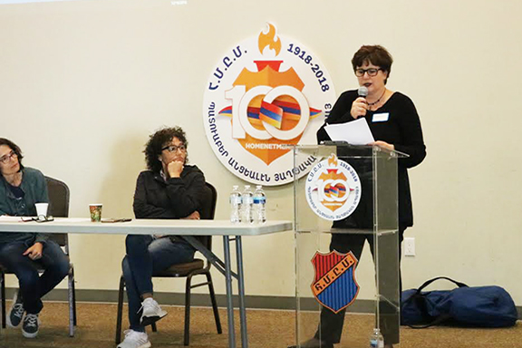 Left to right: Anahid Magdesyan, Ayleen Amirayan (presenters), Nanor Kabakian (Homenetmen Hrashq)