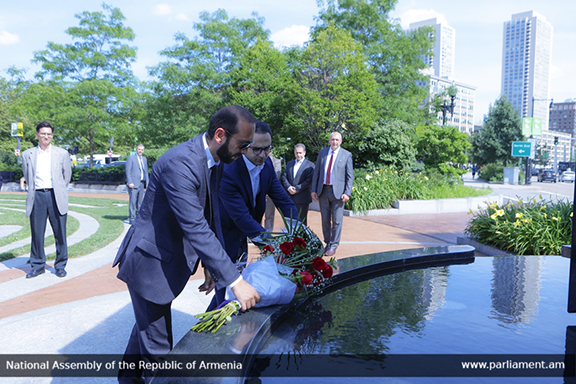 Ararat Mirzoyan, Deputy Prime Minister Tigran Avinyan placing flowers at Armenian Heritage Park, Boston, Mass.
