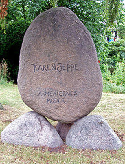 A memorial of Karen Jeppe in her hometown Gylling. The inscription reads: Karen Jeppe; Mother of the Armenians