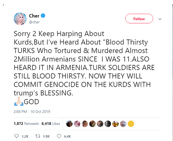 Cher tweets in response to the attacks in northeastern Syria