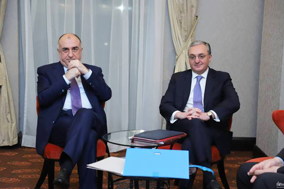 Azerbaijani Foreign Minister Elmar Mammadyarov with Armenia's Zohrab Mnatsakanyan in Bratislava, Slovakia