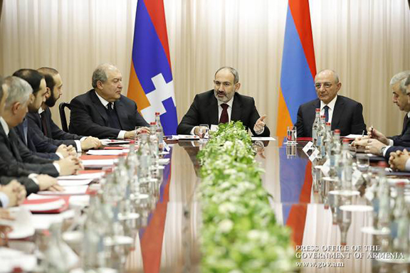 President Armen Sarkissian, Prime Minister Nikol Pashinyan and Artsakh President Bako Sahakian at a joint session of Armenia's and Artsakh's national security council in Yerevan on Dec. 23