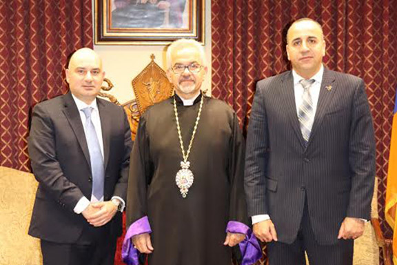 From left: Razmig Arzoumanian, Western Prelate Archbishop Moushegh Mardirossian, and Colonel Arman Mkrtchyan