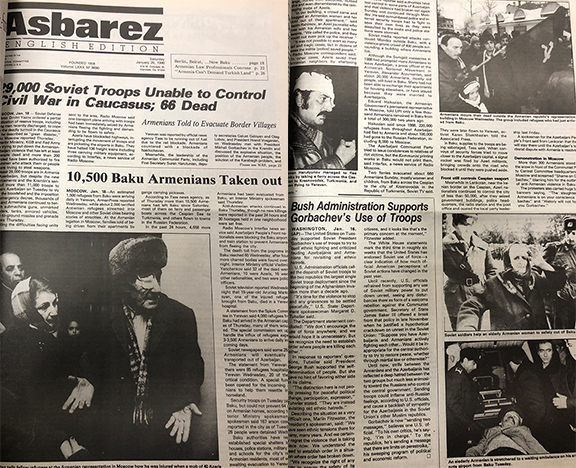 Front page of Asbarez on January 20, 1990 reporting on the Baku Pogroms (Editor's Note: The Asbarez English Section was a weekly publication in 1990)