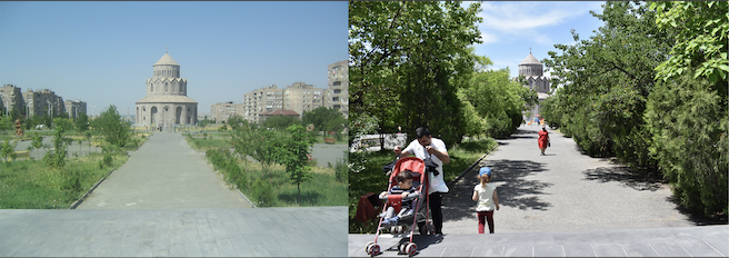 Before and after photos of one of ATP’s urban sites, the Holy Trinity Church in Yerevan’s densely populated Malatia Sepastia district