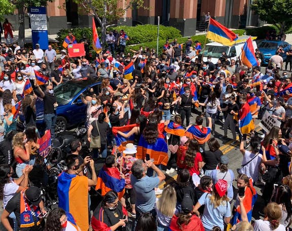 Thousands gathered at a protest in Los Angeles organized by the AYF to condemn Azerbaijani attacks on Armenia