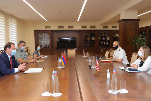 Armenia's Defense Minister Davit Tonoyan meets with U.S. Ambassador to Armenia Lynne Tracy on July 7