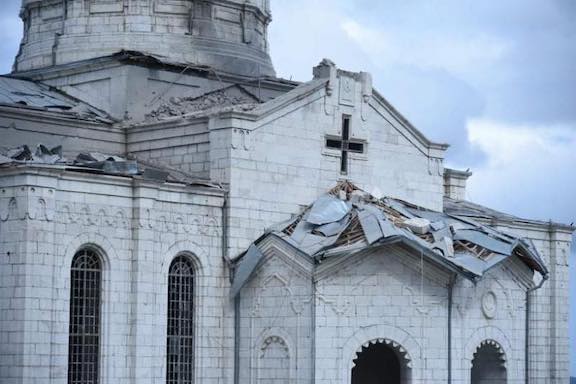 The Surp Ghazanchetsots Church in Shushi was damaged by Azerbaijani attack