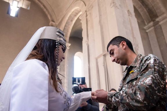 Mariam Sargsyan and Hovik Hovsepyan tied the knot in Shushi's Ghazachetsots Cathedral on Oct. 24