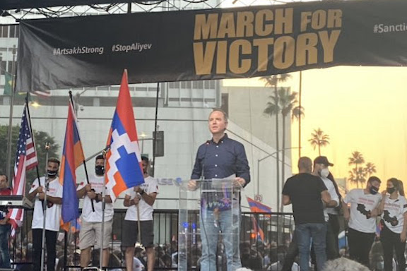 Rep. Adam Schiff speaks during the Oct. 11 March for Victory in Los Angeles